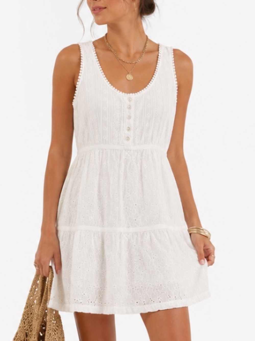 PRANA White Eyelet Scoop Neck Cotton Sundress Resort Boho Coastal Euro Summer S